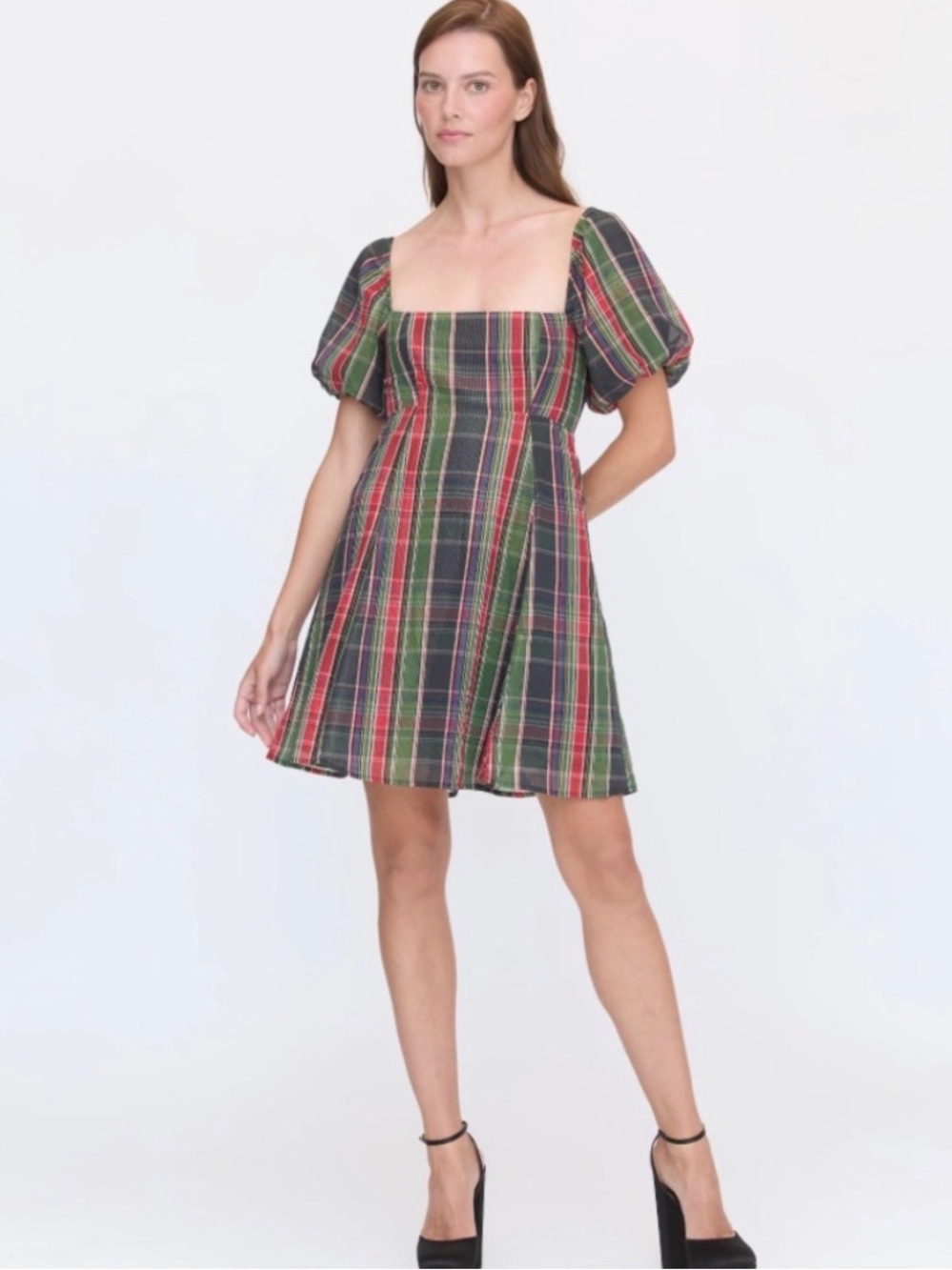 Hill House Matilda in Tartan Plaid Square-Neck Puff-Sleeve Mini Dress size S